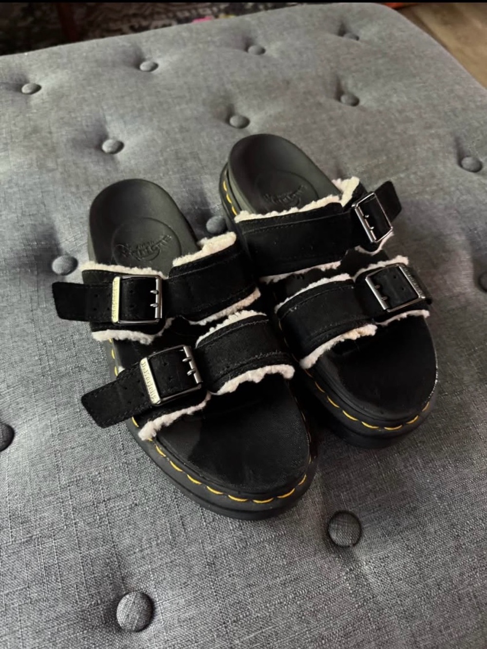 Dr. Martens Black Shearling-Trim Slide Sandals